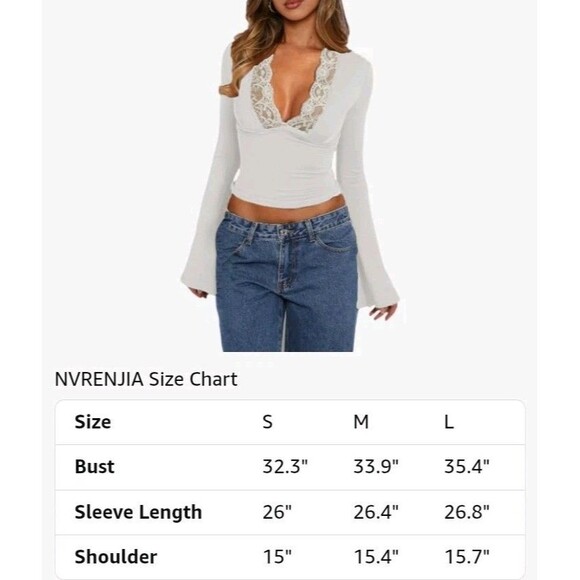 Women Long Bell Sleeve Crop Top Lace Trim V-neck Slim T-shirt Y2K Small - Picture 6 of 7